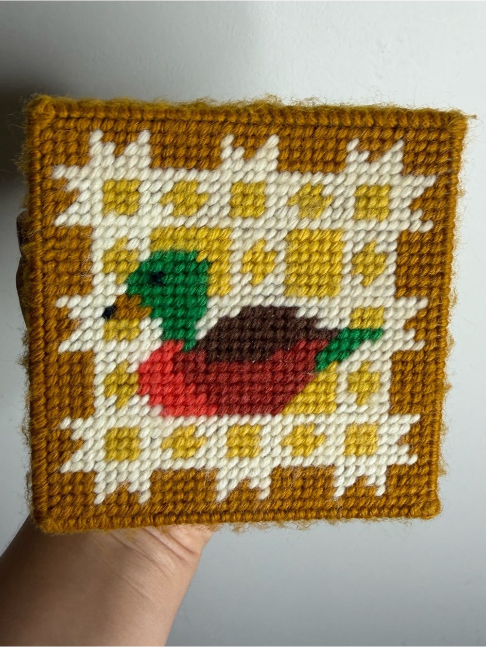 Duck Needlepoint Coaster set - Mustard, Red, Green